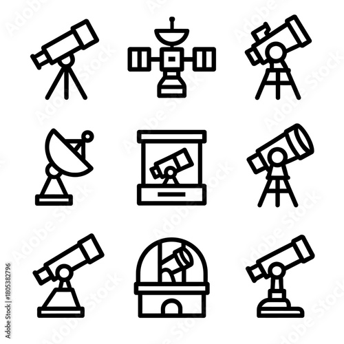 Outline icons of telescopes and observatories featuring satellite and space tech