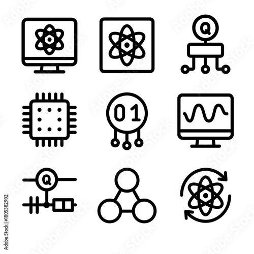 Quantum computing icons: atom, circuit, binary, and wave representations