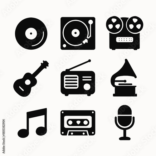 Retro music icons: vinyl, turntable, reel-to-reel, guitar, radio, gramophone, tape, microphone