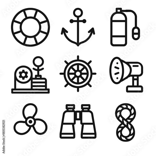 Black and white nautical icons set: anchor, lifebuoy, binoculars, and more