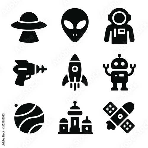Space icons: ufo, alien, astronaut, raygun, rocket, robot, planet, space base, satellite