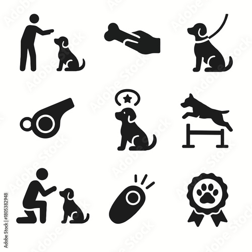Dog training icons collection featuring commands, rewards, and agility illustrations