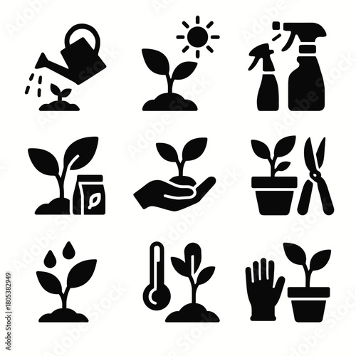 Plant care icons: watering, sunlight, spraying, pruning, temperature, growth