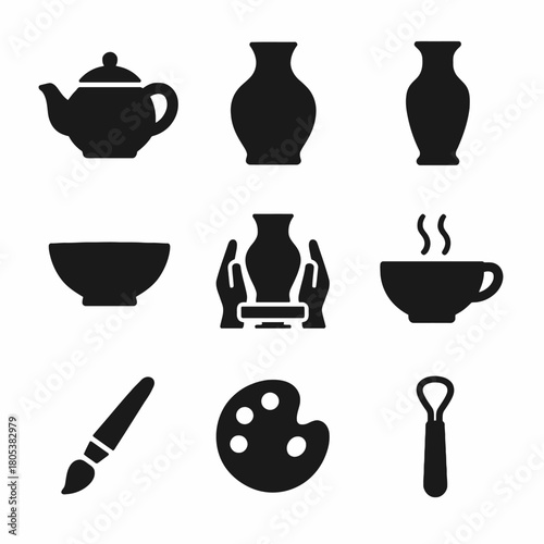 Silhouette icons of pottery, brushes, and artistic tools for crafting enthusiasts