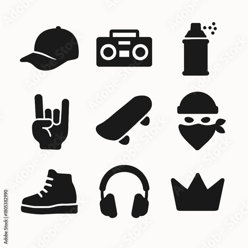 Street culture symbols: cap, boombox, spray can, hand gesture, skateboard, mask, sneaker, headphones, crown