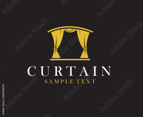 golden icon of theatrical scene with curtains isolated on black background