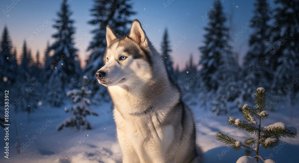 Naklejka premium Image of a husky with blue eyes in a snowy forest, lit by sunset light. Represents wild nature, resilience, and cold winter adventure and exploration.