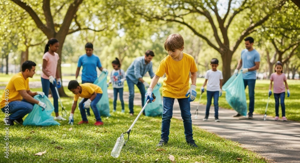 Fototapeta premium Group of volunteers cleaning park, garbage collection near green trees under sunlight. Garbage collection by multiethnic group on green lawn at summertime.