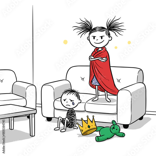Girl in red cape standing confidently beside sad boy on sofa illustration in a child's doodle style   