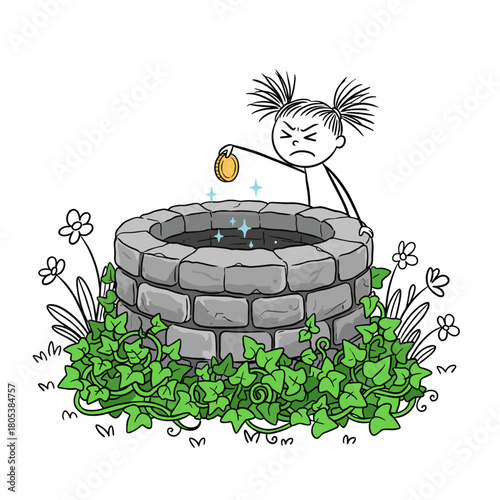 Girl with pigtails looking frustrated while dropping a coin in well illustration, child's, doodle, style, child, 
