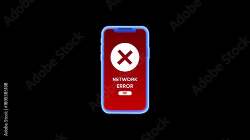 Smartphone displaying a network error message with a red screen and an X icon Keywords: smartphone, mobile phone, network error, connection problem, internet issue, no signal, error message, alert