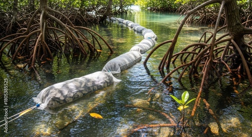 Mangrove swamp with protective barrier for clean water, protection of ecological area. Mangrove ecosystem showcases clean water as essential for aquatic life,