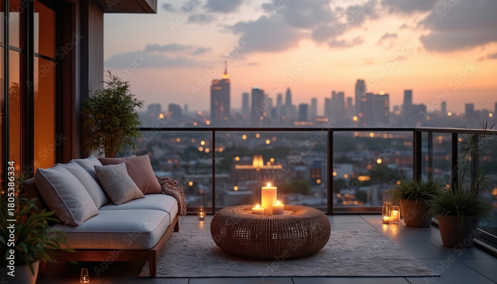 Obraz premium Modern apartment balcony with comfortable sofa, low table with candles, and city skyline view at dusk. Outdoor space offers relaxation and ambient lighting for peaceful evenings.
