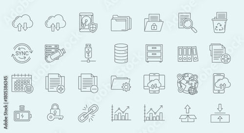 A collection of line art icons depicting digital storage, cloud computing, and data management concepts