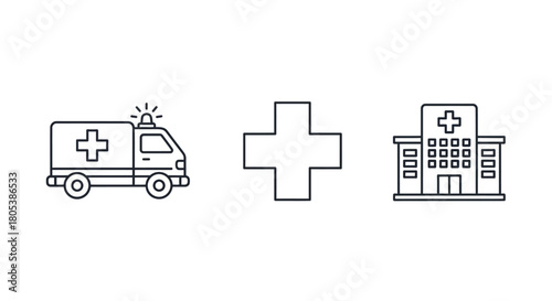 Simple line art icons of an ambulance, a plus sign, and a hospital building