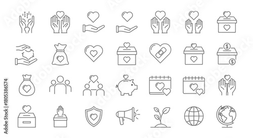 A collection of line art icons representing charity, generosity, and support