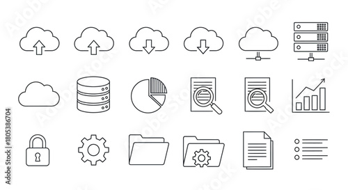 A collection of simple line icons representing cloud, data, security, and document management