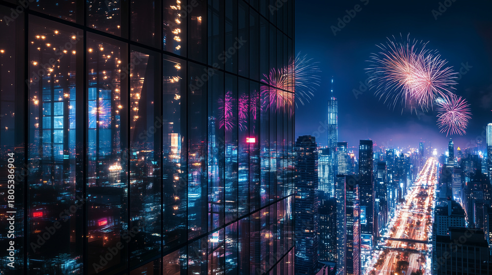 Obraz premium Fireworks Reflected in Glass Skyscraper