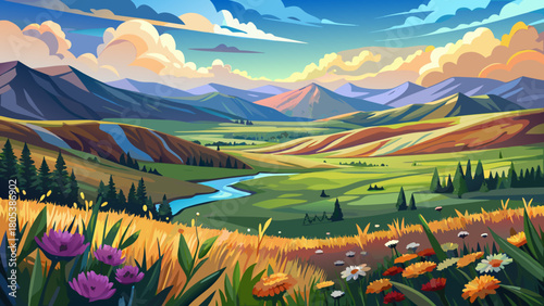 Very beautiful serene valley scene at Valles Caldera National Preserve, featuring open grasslands filled with colorful wildflowers, gentle rolling hills, and soft clouds drifting across a peaceful sky