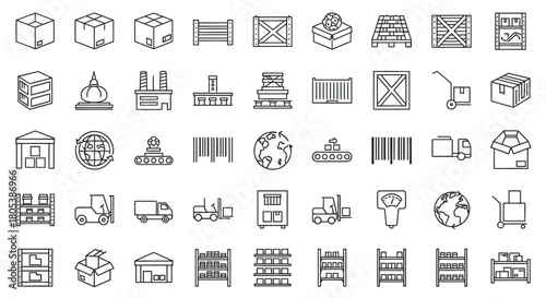 Collection of line art icons representing shipping, logistics, and industrial elements