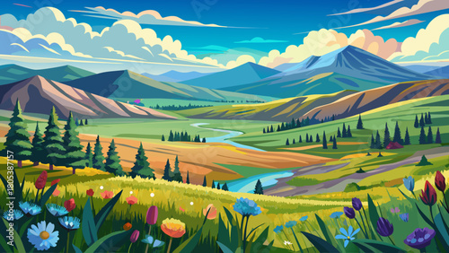 Very beautiful serene valley scene at Valles Caldera National Preserve, featuring open grasslands filled with colorful wildflowers, gentle rolling hills, and soft clouds drifting across a peaceful sky