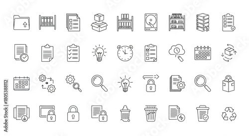 A collection of outline icons representing office and business concepts like files, data, and tasks