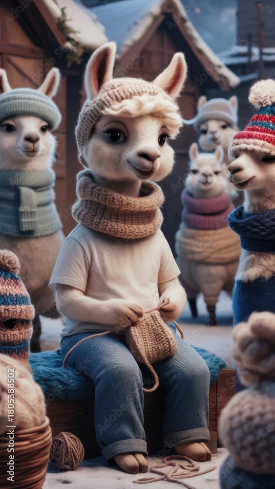 Naklejka premium A lama boy dressed in a white T-shirt, blue jeans and a scarf. He sits, radiating a warm smile, chatting with other lamas. The action takes place in a quaint village.