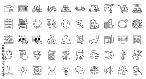 A collection of line art icons representing logistics, warehousing, and delivery services