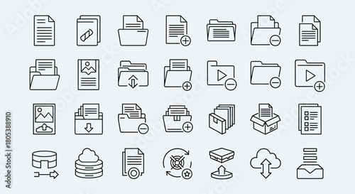 A collection of simple line icons representing digital files, folders, storage, and management