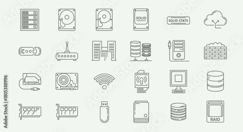 A collection of computer hardware and technology icons, including servers, drives, and cloud symbols