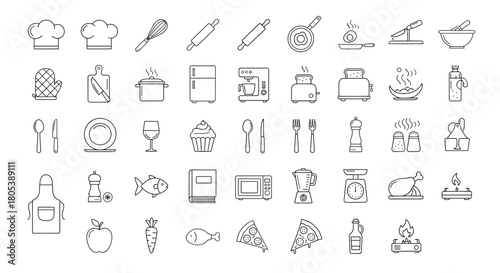 A collection of culinary icons, featuring kitchen tools, appliances, and food items