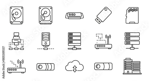 Digital storage and network equipment icons hard drives, USB, SD card, server, router, cloud, projector, building