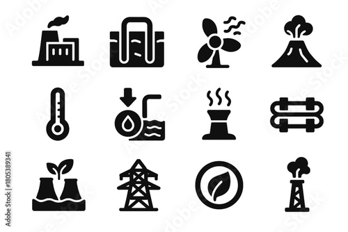 Geothermal gauge volcano icons heat hot plant tower icon facility eco energy