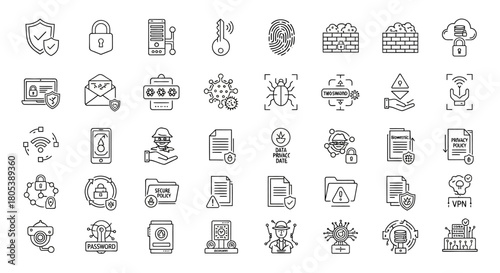 A collection of black and white line icons representing cybersecurity concepts