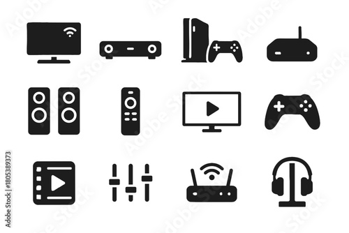 Connected home smart theater icons stand icon remote headset entertainment console vector