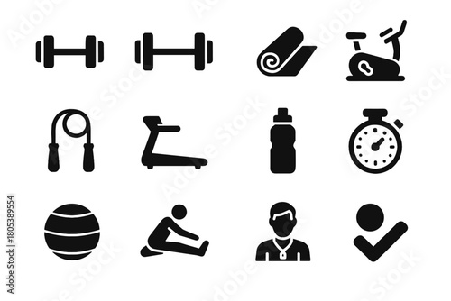 Treadmill stopwatch icons dumbbell icon workout ball barbell stretching water set rope