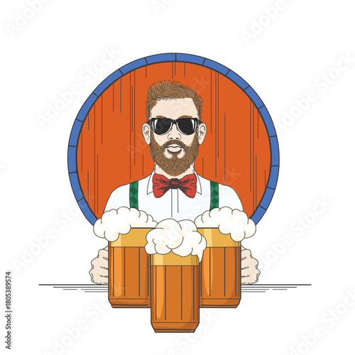 Hipster bartender with a beard and sunglasses serving three frothy mugs of beer.