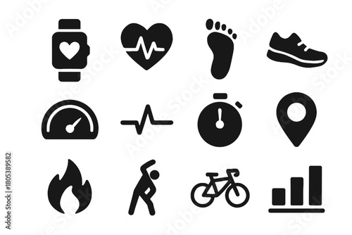 Icons icon shoe figure stretching smartwatch graph monitoring fire vector step location