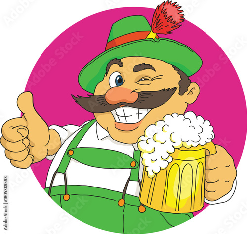 A cartoon man in lederhosen winks and gives a thumbs up while holding a frothy mug of beer.