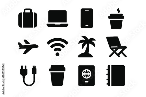 Laptop airplane anywhere palm vector smartphone icons passport icon travel work suitcase