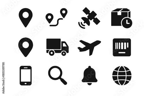 Clock map icon code delivery tracking screen truck airplane smartphone set vector