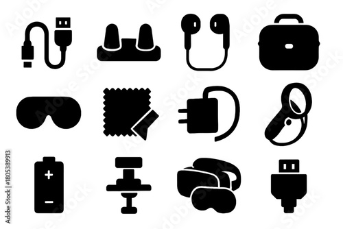 Lens icon vr dock pack accessories vector connector adapter battery icons controller