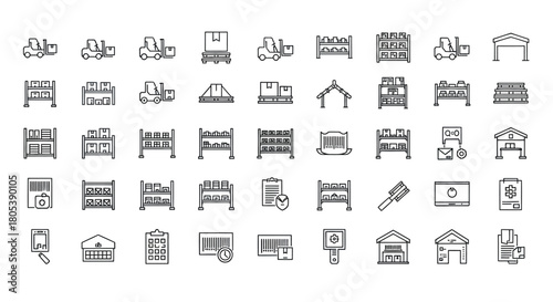 Warehouse icons forklifts, shelves, boxes, buildings, scanner, clipboard, computer