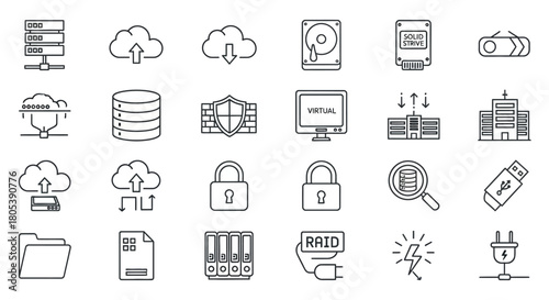 Collection of flat design icons related to data storage, networking, and security