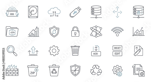 A collection of technology and data management icons, featuring cloud, storage, and security elements