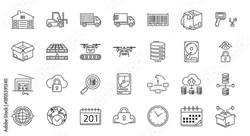 Collection of icons representing logistics, data, and security systems