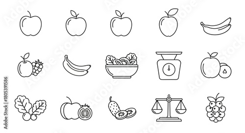 A collection of simple line art icons representing fruits, vegetables, and scales for measuring weight, suggesting health and nutrition