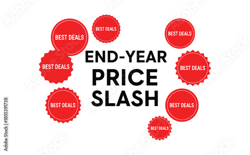 End-year price slash sale event with multiple best deals stickers around the text.