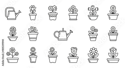 A collection of simple outline icons featuring various potted flowers and a watering can