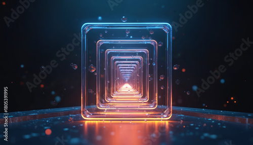 Fototapeta Naklejka Na Ścianę i Meble -  Abstract 3D digital art visual. Glowing neon square frames tunnel effect creates depth. Futuristic design with light reflections and particles. Digital innovation and technology concept is presented.